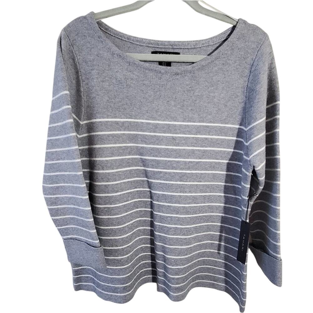 Tahari Women Gray White Striped Boat Neck 3/4 Sleeve Knit Sweater XL NEW